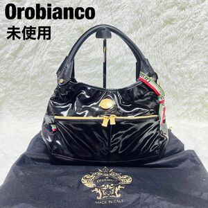 未使用 Orobianco ハンドバッグ エナメル ブラック ゴールド金具 総柄