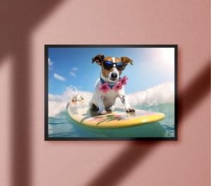【A4額付き】ワンちゃん 犬 海 波乗り サーフィン ペット サングラス ボップアート ペットショップ 雑貨 ポスター