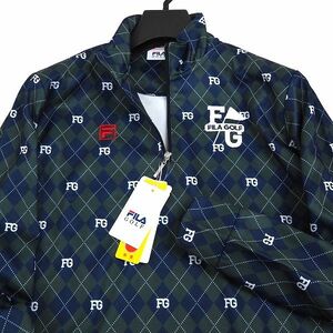 P954 新品 FILA GOLF フィラ ゴルフ 裏起毛 ハーフジップ 長袖シャツ 総柄 M ネイビー/グリーン