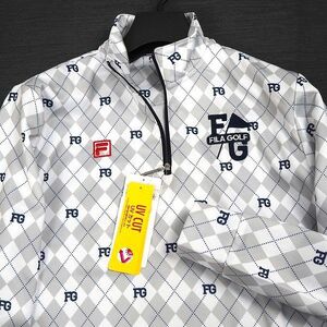 P954 新品 FILA GOLF フィラ ゴルフ 裏起毛 ハーフジップ 長袖シャツ 総柄 M ホワイト/グレー