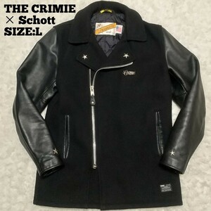 Schott×THE CRIMIE◆袖レザー ライダース ピーコート 黒L/メンズ ショット ワンスター USA製 レザージャケット 