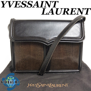 ●11C435/Yves Saint Laurent イヴサンローラン/ショルダーバッグ/リザード/レザー/YSL/ロゴ/ゴールド金具/ブラウン/茶/保存袋付き