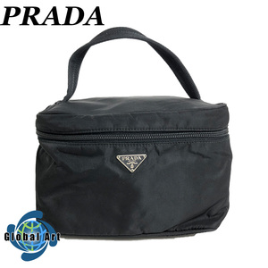 ●11C085【美品】PRADA　プラダ/バニティ/メイクポーチ/化粧ポーチ/テスートナイロン/三角ロゴ/三角プレート/ブラック/黒