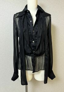 希少 美品 MIHARA YASUHIRO シルク コットン シースルー レイヤード リボン 装飾 ドレス シャツ M ブラック ミハラヤスヒロ レディース