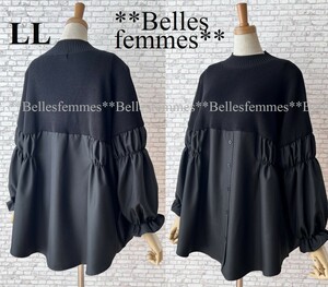 ★Belles*★送料185円★新品★L～LL*ブラック*ニット異素材*ドッキングチュニック*大人可愛く体型カバー*モックネックプルオーバー595TRUBE