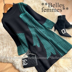 ★Belles*★送料185円★新品M～L*寒さに負けない*しっとりもっちりニット*ギンガムチェック*チュニックワンピース276黒green*オフィスTRUBE