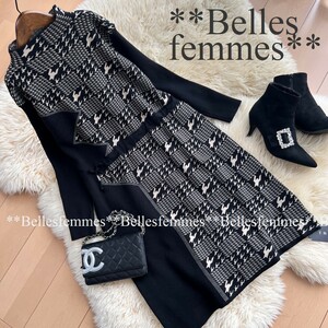 ★Belles*★送料185円★新品★しっとりもっちり暖かニット*簡単コーデ*千鳥チェック*チュニックワンピース*234ブラック*オフィ**M～LTRUBE