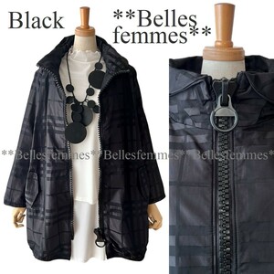 ★Belles*★新品★送料185円★ビッグファスナー*春*モードな大人女性のライトアウター*ナイロンコート裏ボア*ゆったりサイズ*158999黒M～L