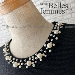 ★Belles*★送料185円★新品★ジャケットのインナーに♪*パールとビジュー*柔らかしっとりニットプルオーバー*1522黒*オフィススタイルM～L