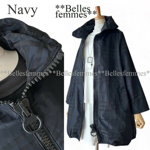 ★Belles*★新品★*送料185円★ネイビー*春*ビッグファスナー*モード春アウター*お洒落な大人女性に*ナイロンコート裏シャギー158999*M～L