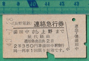 鉄道硬券切符141■長野電鉄 連絡急行券 湯田中から上野まで 