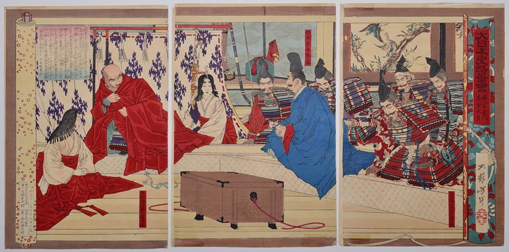 [쓰키오카 요시토시: 일본 역사에 대한 간략한 그림 안내서, 제80대 다카쿠라 천황] 우키요에: 다이라노 기요모리, 다이라노 시게모리, 전사 그림 CL18A, 그림, 우키요에, 인쇄물, 전사 그림