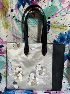 アンズルーム★ハンドメイド★帯×デニム★トートバッグ★ハンドバッグ★着物　帯リメイク★シルバー　お稚児さん★A4