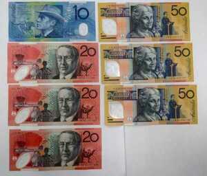 ○H71973:オーストラリア 紙幣 ポリマー紙幣 10ドル1枚 20ドル3枚 50ドル3枚 合計7枚 220ドル 中古品