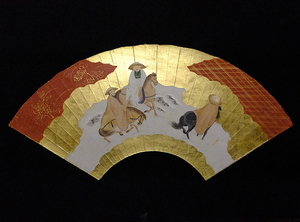 ＜CS3548＞古画 琳派金地扇面 三唐人馬上図 屏風剥がし めくり 江戸時代 中国画題