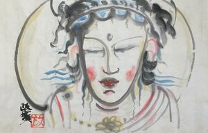 Art hand Auction Peinture bouddhiste colorée peinte à la main authentique garantie par Masahiro Sawada, Bodhisattva Kannon avec sceau signé à la main et Ordre de la Culture, Ouvrages d'art, Peinture, Peinture à l'encre