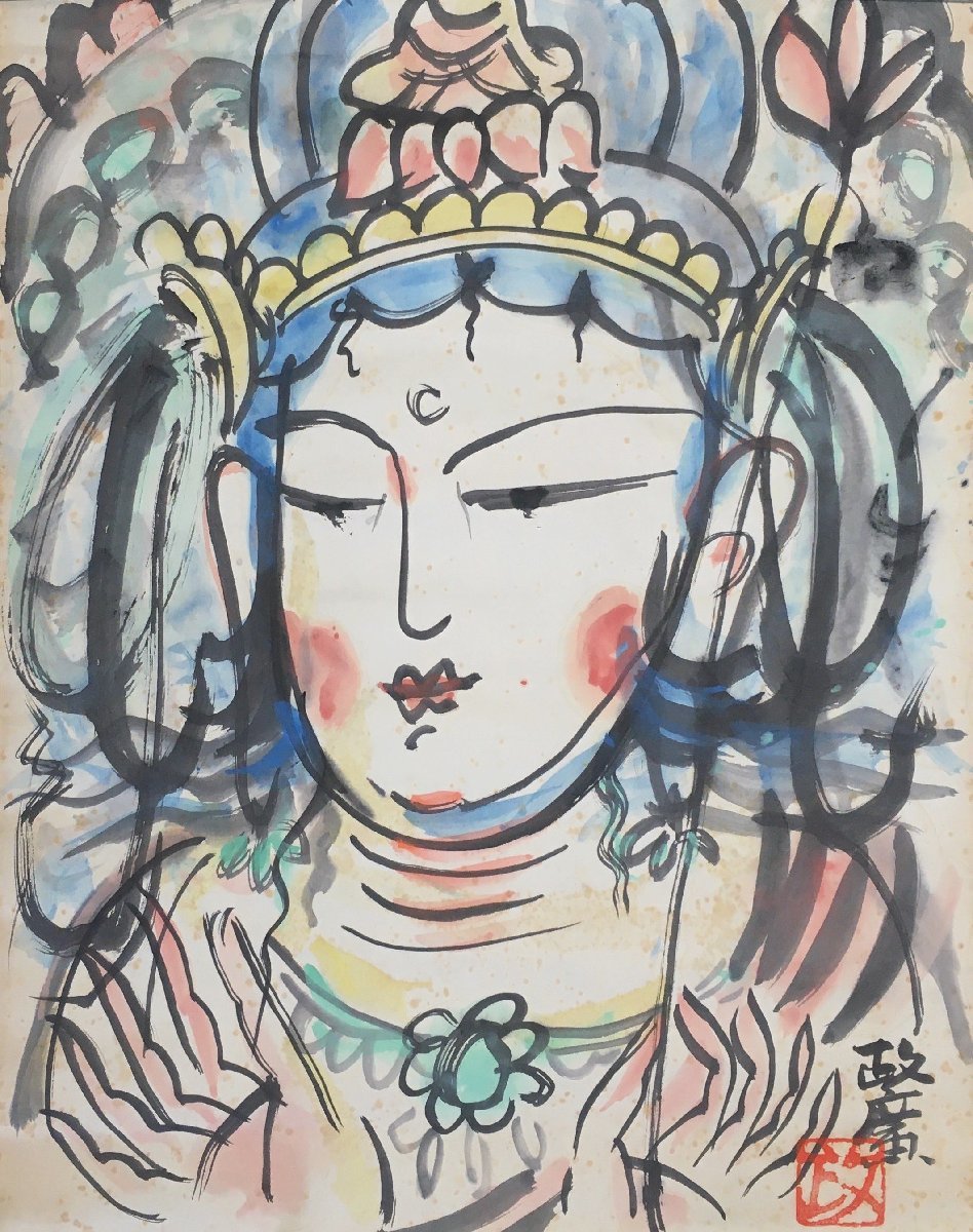 Guaranteed authentic Masahiro Sawada's hand-painted colored Buddhist painting, Bodhisattva Kannon with hand-signed seal and Order of Culture, Artwork, Painting, Ink painting