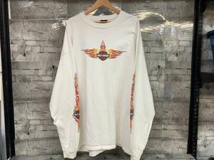 Harley Davidson ハーレーダビッドソン 90s USA製 ファイアパターン 四面プリント長袖Tシャツ サイズ 3XL ホワイト