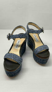 ☆ JIMMY CHOO ジミーチュウ サンダル NYLAH 100 Dusk Blue Raffa Wedge Sandals スペイン製 保存袋付き 38(23.5cm) ブルー 夏