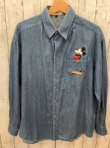 DISNEY ディズニー デニムシャツ 長袖 ミッキー 90s 初期 ブルー インディゴ 刺繍 メンズ M