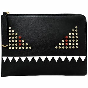 フェンディ クラッチバッグ ブラック モンスター 8M0363 美品 レザー 中古 FENDI スタッズ Ｌ字 ファスナー