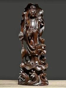 職人手作り 仏教美術 精密細工 木彫仏像 黒檀木 観音菩薩像 置物 高さ30cm