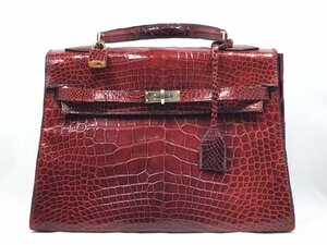 ☆中古☆michele france ミシェルフランス ハンドバック クロコダイル風型押し 赤茶 ワイン系