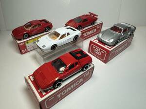 日本製　赤箱　トミカ　91 フェラーリ・テスタロッサ/92カウンタックLP500S/ 119フェラーリBB512/ 120ポルシェ959/ 中国製テスタロッサ白