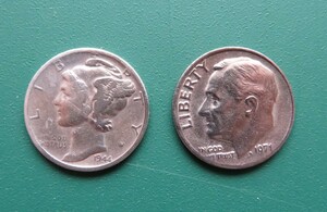 【アメリカ硬貨】 マーキュリー１ダイム銀貨 ・ルーズベルト1ダイム銅貨 ～2枚セット　(送料無料)