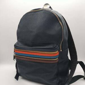 1円〜 定番 人気 ポールスミス Paul Smith リュック バッグパック マルチストライプ レザー ネイビー 紺 ビジネス メンズ 金具 A4 ロゴ