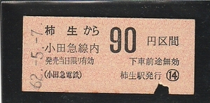 ◇硬券切符◇柿生から小田急線内９０円区間　