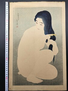 【真作】オリジナル 鳥居言人「髪梳き」当時物 絶版 浮世絵木版画 大判 錦絵 新版画 検：川瀬巴水 土屋光逸 小村雪岱 吉田博 