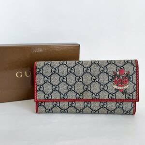 ☆美品☆GUCCI グッチ GGスプリーム ハートローズ 長財布 薔薇 ネイビー・キャンバス×赤レザー PVC 正規品