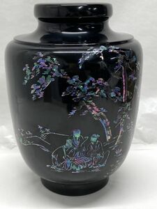 【C585】中国美術 黒漆塗 螺鈿細工 花瓶 飾り壺 高さ約31cm 天朗氣清 恵風和暢 王義之 漢文 花器 漆芸 美術品 b