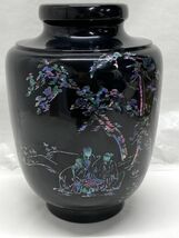 【C585】中国美術 黒漆塗 螺鈿細工 花瓶 飾り壺 高さ約31cm 天朗氣清 恵風和暢 王義之 漢文 花器 漆芸 美術品 b_画像1