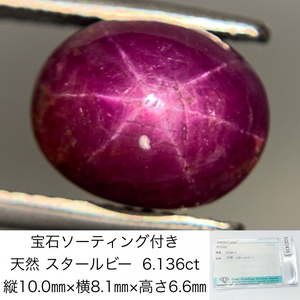 宝石ソーティング付き 天然 スタールビー 6.136ct 縦10.0㎜×横8.1㎜×高さ6.6㎜ 3259Y