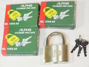 送料無料 南京錠 同一キー 60㎜ 3個 ALPHA CYINDE PAD-LOCK　1個の鍵で12個開けれます