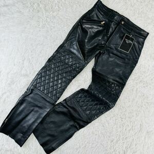 新品未使用タグ付【LL】MARLIP LEATHER メンズLLサイズ レザーパンツ 水牛革 ブラック 本革 バイカー 膝キルティング 裾ジップ ツーリング