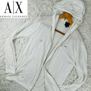 極美品【M】圧巻の爽やかさ!アルマーニエクスチェンジ ARMANI EXCHANGE ジップアップパーカー ニット リネン 通気性◎薄手◎春夏◎ロゴ刺繍