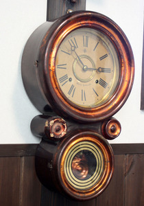 【湖東平野】　林一兵衛・８インチ文字盤 金本四ツ丸柱時計（完動品）・掛時計・古時計