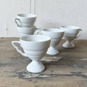 5個set 段々デミカップ デッドストック 白磁 陶器　検: ホワイト 白 コーヒー 珈琲 デザートカップ 喫茶 カフェ レトロ ビンテージ