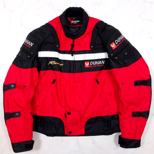 極美品 DUHAN RIDERS JACKET ドゥーハン 防寒ライディングジャケット 赤x黒 XL 背中 肩 肘に着脱可能プロテクター入り 中綿インナー