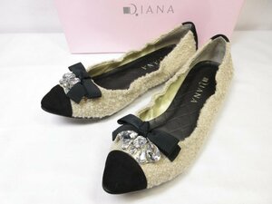 未使用 【DIANA ダイアナ】 NJ41173 リボン&ビジュー装飾 フラットソールパンプス (レディース) size24 ベージュ系×ブラック ■15LZ4327■