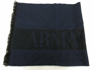 美品 【アルマーニコレツィオーニ ARMANI COLLEZIONI】 ロゴ 織柄 ストール マフラー (メンズ) ネイビー×ブラック ■10ME6343■