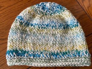 ニット帽　ハンドメイド　手編み　ニット帽子　　青色、黄色段染めMIX 毛100%