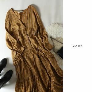 ザラ ZARA☆洗える ストライプ柄 ティアードワンピース Lサイズ☆A-O 4276