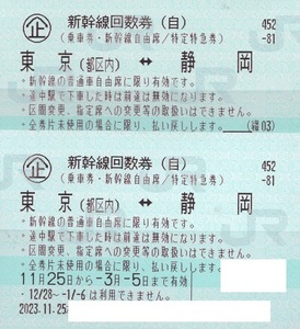 新幹線回数券東京⇔静岡自由席２枚売り。期限２０２４年３月５日。