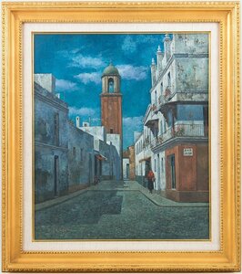 【五】真作 藤飯治平 『鐘楼のある白い街』 油彩 キャンバス 10号 1972年 額装 ／ 孤高の画家