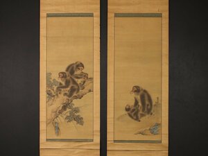 【模写】【伝来】sh3803〈森狙仙〉双幅 親子猿図 森派の祖 大阪画壇 江戸時代後期