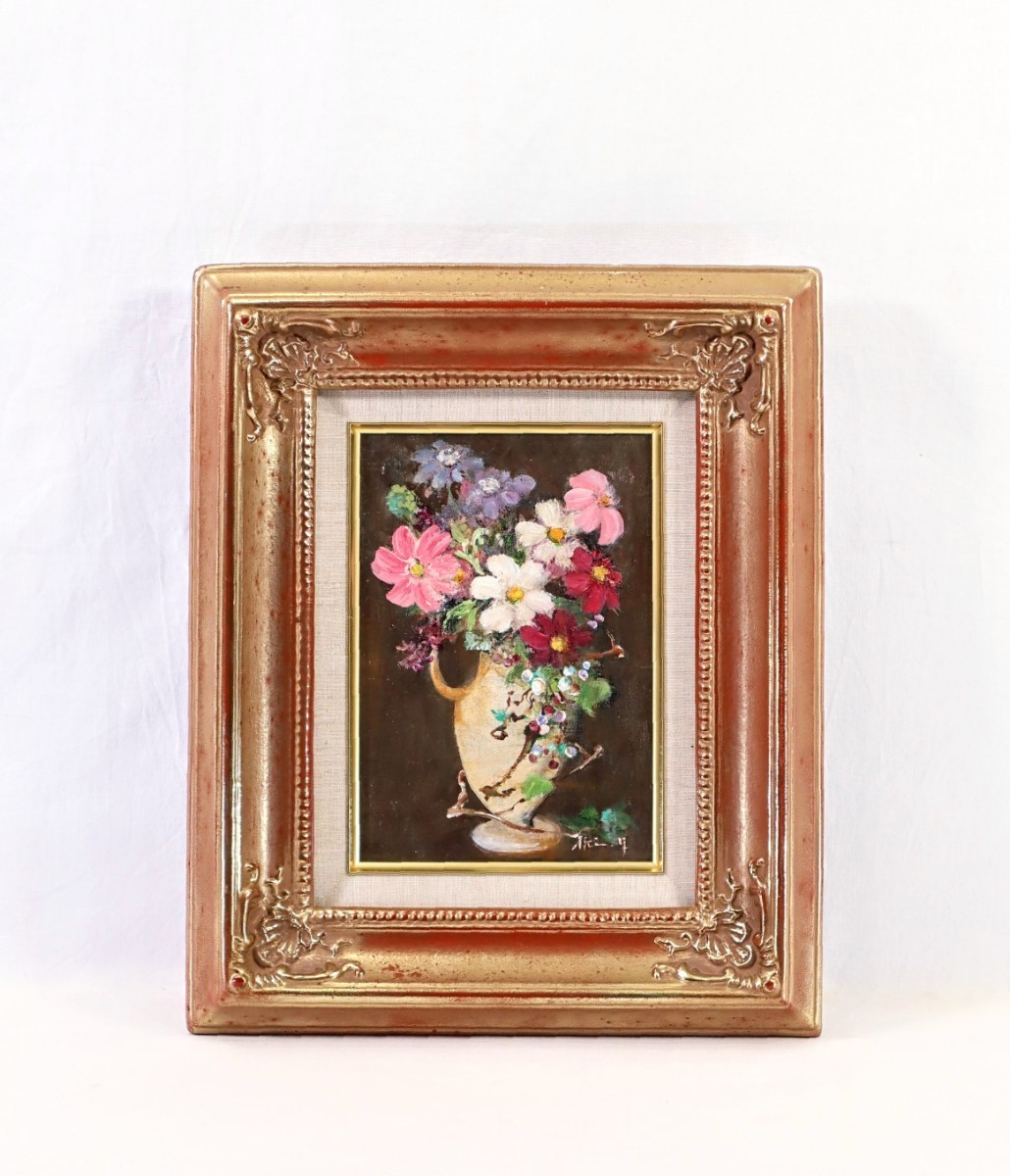 Obra genuina de Aki Yamamoto Pintura al óleo Flores silvestres SM Nacido en Tokio Independiente Ex miembro de Nikakai Estudió con Saburo Saito Flores delicadamente florecientes en un jarrón de porcelana blanca Recién dibujado 8433, Cuadro, Pintura al óleo, Naturaleza muerta